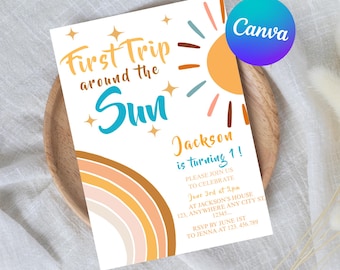 First Trip Around the Sun Birthday Invitation, Printable Digital Invitation, Editable First Birthday invite, 1st Birthday Invite