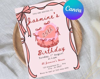 Whimsical 25th Birthday Invitation, Red Pink Party Invite (Editable Digital Download)