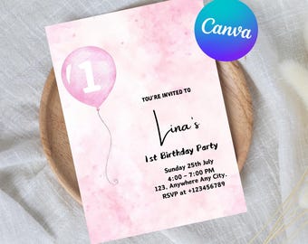 1st Birthday Invitation Template, Minimal 1st Birthday Invite Girl Editable Blush Balloons Girl First Birthday Invitation Template Pink Gold