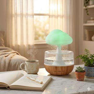 Peut inclure: Un humidificateur décoratif avec un sommet en forme de nuage qui émet une douce lueur verte. La base est un cylindre en verre transparent posé sur une base en bois. Une tasse de café, un carnet et des plantes sont également sur la table.