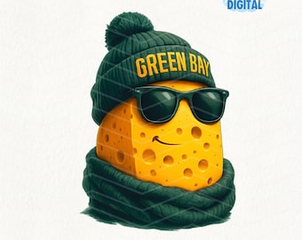 May include: A digital illustration of a smiling cheese wedge wearing a green knit hat with "GREEN BAY" in yellow text, sunglasses, and a green scarf. The image includes the text "LITTLE SKY DIGITAL + ORIGINAL DESIGN" and "INSTANT DOWNLOAD 300 DPI PNG".