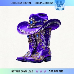 Puede incluir: Ilustración digital de un sombrero y botas de vaquero morados. El sombrero y las botas están adornados con adornos dorados y plateados y piedras preciosas azules. La imagen incluye el texto "LITTLE SKY DIGITAL + ORIGINAL DESIGN" y "INSTANT DOWNLOAD".