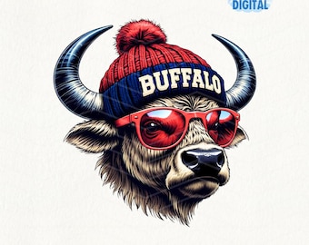 May include: A digital illustration of a buffalo wearing a red and blue knit hat with the word "BUFFALO" and red sunglasses. The buffalo has large black horns and is set against a white background. The image includes the text "LITTLE SKY DIGITAL + ORIGINAL DESIGN" and "INSTANT DOWNLOAD 300 DPI PNG".