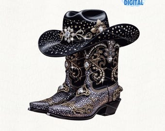 Black Cowgirl Boots and Hat PNG, Black & Gold Rhinestone Rodeo Clipart for Sublimation, Western Cowgirl Boots Art, Boots on the Ground PNG