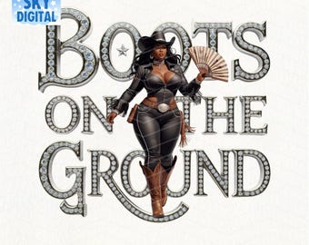 Puede incluir: Ilustración digital de una mujer con un atuendo de vaquera negro, sosteniendo un abanico. El texto "BOOTS ON THE GROUND" se muestra en una fuente brillante. La imagen incluye el texto "INSTANT DOWNLOAD" y "300 DPI PNG".