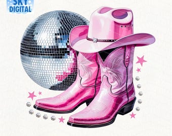Pink Disco Cowgirl Boots & Hat PNG: Western Glam Digital Art (Digital Download)