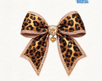 Leopard Print Bow PNG with Rhinestone Trim and Gold Heart Charm for POD Designs