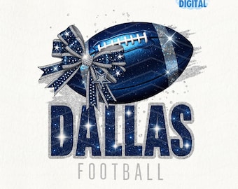 Dallas Football PNG with Glitter Bow Dark Blue Silver Splatter POD Digital Download