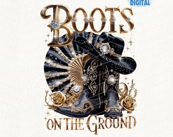 Western Boots PNG with Black Hat, Gold Roses, Rhinestones, Fan Background for POD Use