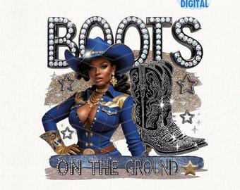 Puede incluir: Gráfico digital con una mujer con un atuendo y sombrero de vaquero azules, y la palabra "BOOTS" en letras con incrustaciones de diamantes. También se muestra una bota de vaquero cubierta de pedrería. La frase "ON THE GROUND" está debajo.