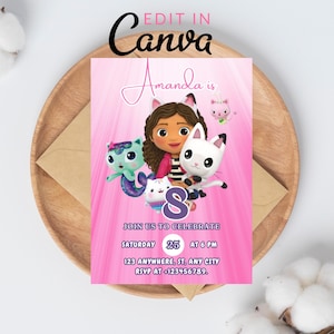 Edytowalny szablon zaproszenia urodzinowego Gabbys Dollhouse, drukowane zaproszenia na przyjęcie urodzinowe, cyfrowe zaproszenie na przyjęcie urodzinowe, zaproszenie na kartkę urodzinową