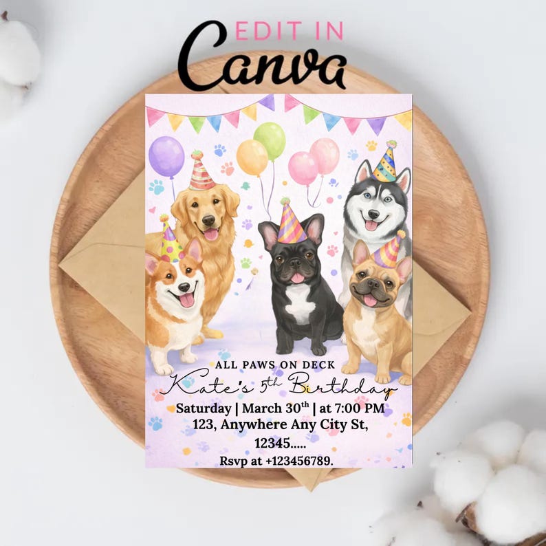 Editable Dogs Birthday Party Invitation, Dog Invitation, Puppy Birthday ...