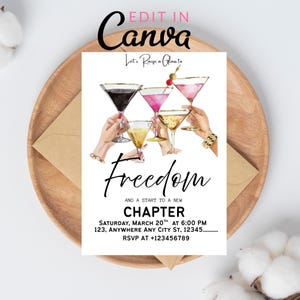 Uitnodiging voor feest echtscheiding, hef het glas op voor vrijheid uitnodiging, nieuw hoofdstuk viering bewerkbare canvas sjabloon, Glam Martini Girls Night