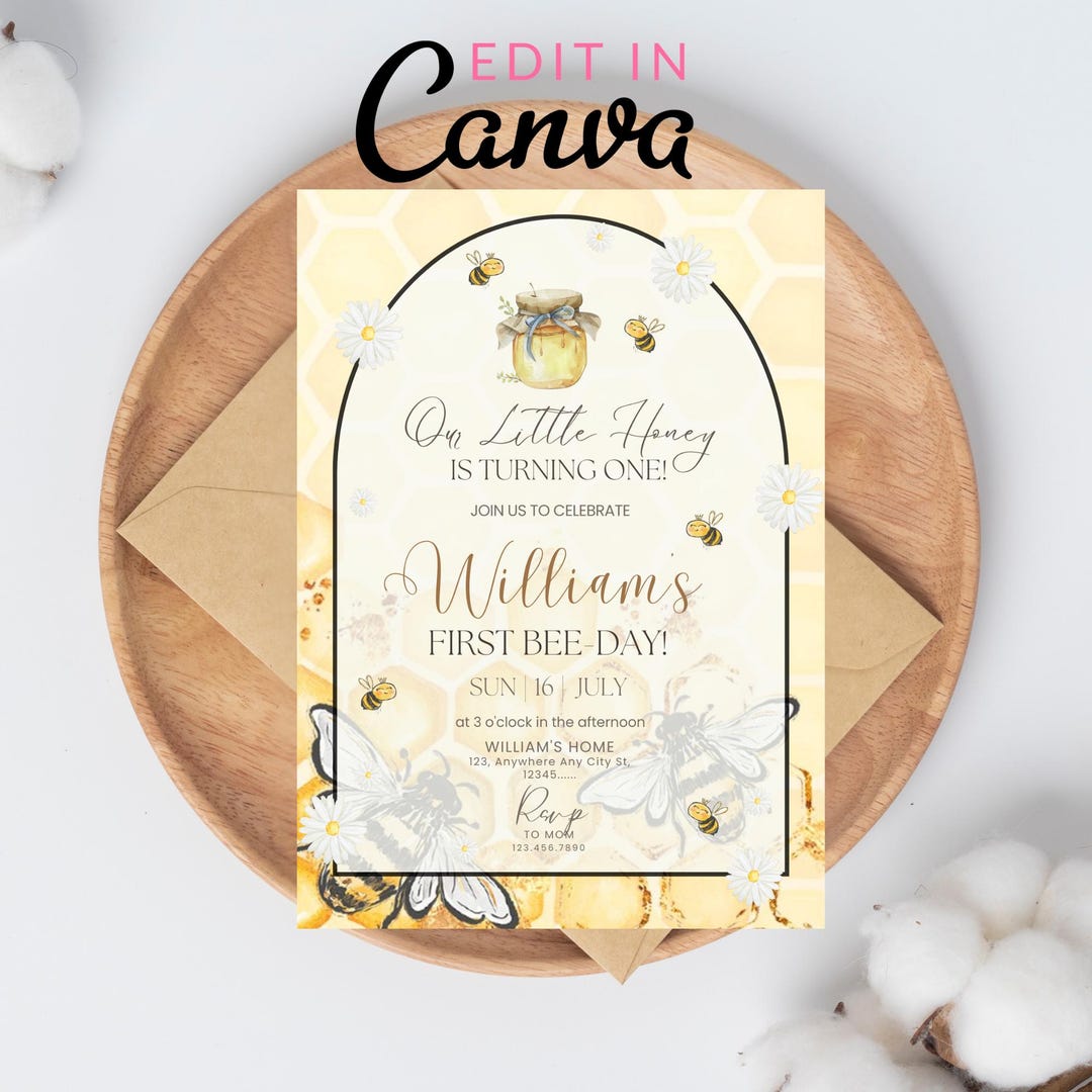 Editable Honey Bee 1st Birthday Party Invitation | Printable Bumble Bee ...
