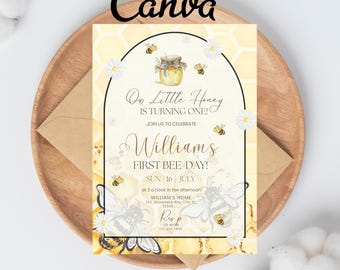 Editable Honey Bee 1st Birthday Party Invitation | Printable Bumble Bee Kid's Birthday Invitation | Our Little Honey Is Turning One
