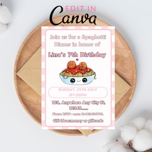 Convite de aniversário editável com espaguete, convite digital 5x7, macarrão para crianças, qualquer idade, comida italiana, almôndegas