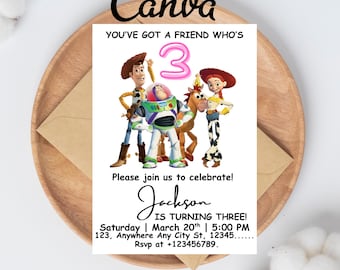 Invito di compleanno a tema Toy Story, modello di invito per festa di compleanno, invito di compleanno fai da te modificabile su Canva, download digitale