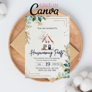Puede incluir: Una invitación a una fiesta de inauguración de casa con una ilustración de acuarela de una casa. La invitación incluye el texto "You Are Invited To", "Housewarming Party", fecha, hora, dirección e información RSVP.