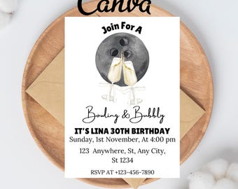 Bowling and Bubbly Adult Birthday Invite Girls Night Out Bubble Booze Bowling Ball Party Champagne Invitation Editable Invite