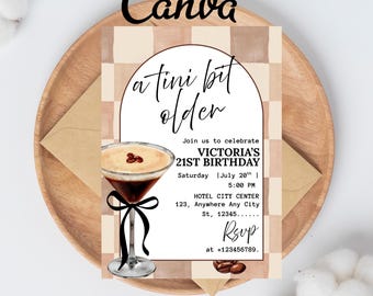 A tini bit older birthday invitation martini themed birthday invite espresso martini birthday template editable bow birthday invite
