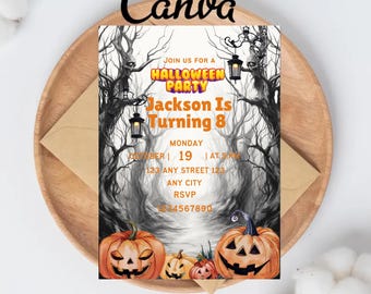 Invitación editable para fiesta de Halloween, plantilla brillante, invitación de Halloween, invitación para fiesta espeluznante de Halloween, noche de terror, descarga instantánea