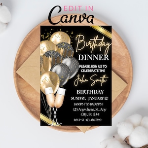 Digital Birthday Dinner Invitation Template, Black Tie Glam Invite, Animated Black Golden Diamond Evite For Men & Women, Self Editable eCard