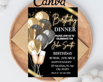 Digital Birthday Dinner Invitation Template, Black Tie Glam Invite, Animated Black Golden Diamond Evite For Men & Women, Self Editable eCard