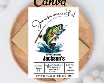 Fishing Birthday Invitation Template, Fishing Birthday Invite, Fish Bday invitation, Reel in the Fun, Boy Birthday, Editable Canva Template