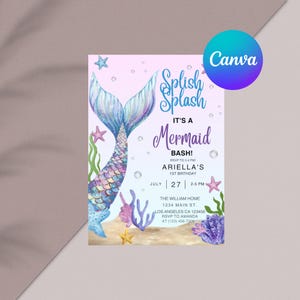 May include: A mermaid-themed birthday party invitation with a watercolor design. The invitation features a mermaid tail, starfish, and the text "Splish Splash, It's a Mermaid Bash!" with the date, time, and location.
