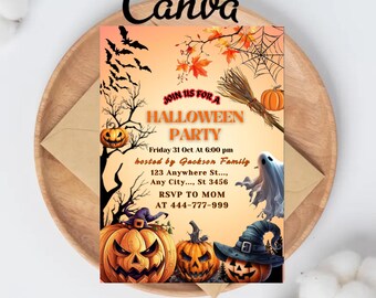 Editable Halloween Party Invitation | Spooky Pumpkin Theme Halloween Invitation | Instant Download | Canva Template