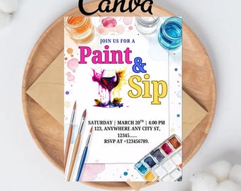 Sip und Paint Partyeinladung, bearbeitbare Paint & Sip Party einladen, Wein und Paint Geburtstag einladen, Digitale Sip und Paint einladen, InstantDownload