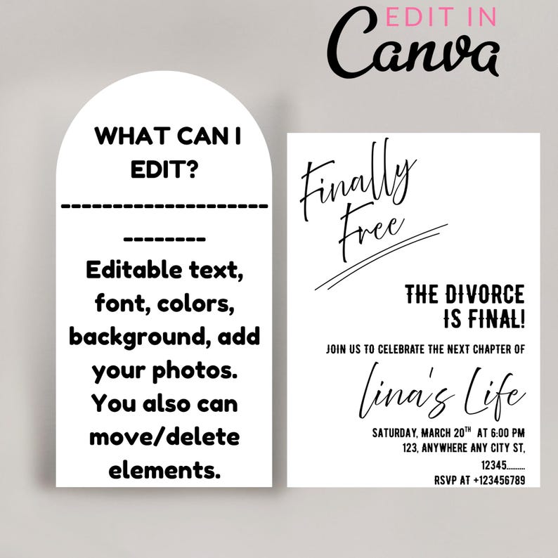 May include: A white invitation card with the text "Finally Free" and "The Divorce is Final!" in black script. The card includes event details and RSVP information. A second card explains editable features.