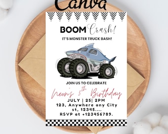 Boom Crash Monster Truck Bash Birthday Invitation, Car Invite, Any Age Birthday Invitation, Racer, Canva Editable Template, Instant Download