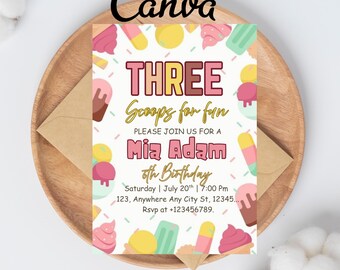 Editable Ice Cream Birthday Invitation Three Scoops of Fun 3rd Birthday Party invitation Template Instant Download Ice Cream Invite