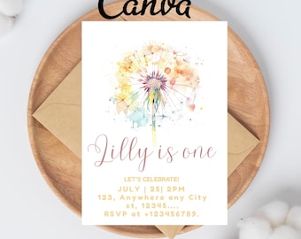 Pink Dandelion 1st Birthday Invitation, Printable First Birthday Party Invite, Editable Birthday Celebration