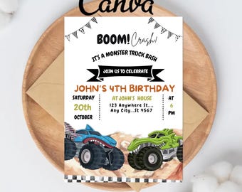 Monster Truck Birthday Invitation, Editable Monster Truck Birthday Invitation Template For Boys, Trucks Birthday Invite Monster Truck Invite
