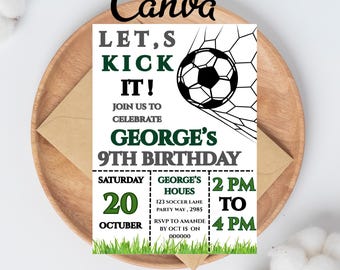 Plantilla editable de invitación de cumpleaños de fútbol, invitación de fútbol, invitación de fútbol infantil, descarga instantánea, Canva. Invitación de fútbol "Let's Kick it"