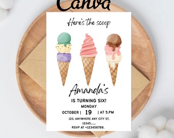 Ice Cream Birthday Invitation, Here's the Scoop Ice Cream Birthday Invite, Sweet Party Invitation, Editable 5x7 Canva Template