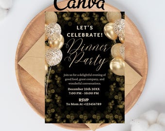 Editable Black Gold Balloon 30th Birthday Invitation, Balloon Birthday Invite, Balloon Thirty Birthday Invitation