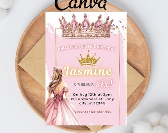 Princess Crown Birthday Invitation, EDITABLE Royal Princess Party Invite Template, Pink Fairytale Royal Celebration, Girl Birthday,