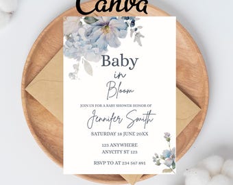 Invitación de bebé azul en flor, invitación para baby shower de flores silvestres para niño, baby shower floral de primavera y verano, plantilla de invitación digital para baby shower