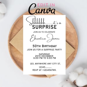 Surprise Birthday Invitation Adult, Minimalist 50th Birthday Invitation with Photo, Mens Birthday Invite, Shhh, Instant Download
