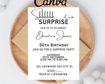Surprise Birthday Invitation Adult, Minimalist 50th Birthday Invitation with Photo, Mens Birthday Invite, Shhh, Instant Download