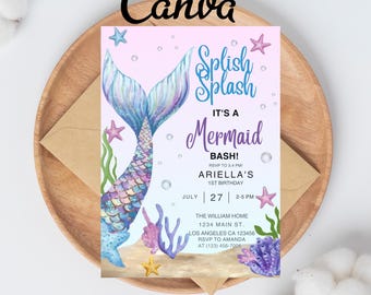 Editable Mermaid Tail Birthday Invitation Girl, Mermaid Bash Under the Sea Birthday Invite, Mermaid Party Invite, Mermaid Invitation, Canva