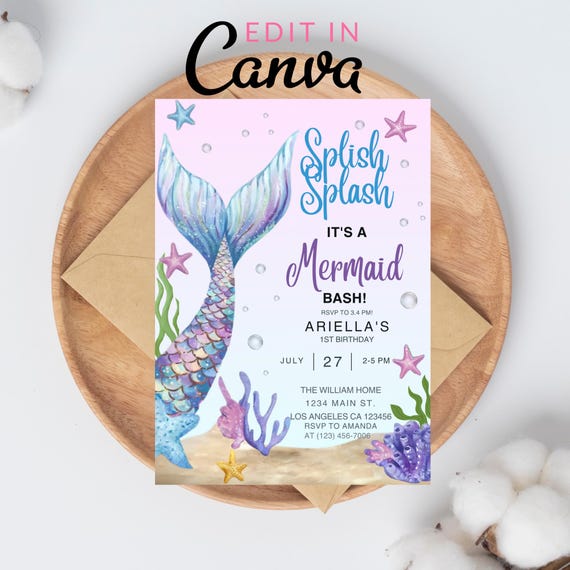 Editable Mermaid Tail Birthday Invitation Girl, Mermaid Bash Under the Sea Birthday Invite, Mermaid Party Invite, Mermaid Invitation, Canva