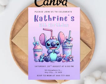 Stitch and Angel Birthday Invitation, Editable Stitch Birthday Invitation, Digital Party Invite, Stitch Birthday Party Invitation Printable