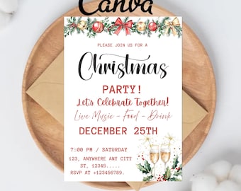 以下が含まれることがあります： お祝いの水彩イラストが特徴のクリスマスパーティーの招待状。「Christmas Party!」のテキストと、日付、時間、RSVP情報など、イベントの詳細が記載されています。招待状は、封筒と一緒に木製のプレートに置かれています。