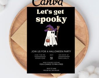 May include: A Halloween party invitation with the text "Let's get spooky" in a playful font. The invitation features a ghost wearing a witch hat and holding a pumpkin and broom. The invitation is on a black background.