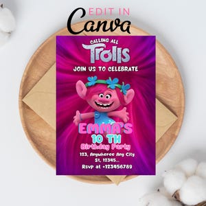 Editable Trolls Birthday Invitation, Trolls Poppy Invite, Poppy Trolls Invitation, Trolls Digital Invite, Kids Birthday Party Invite