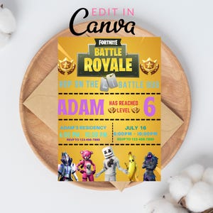 Editable Fortnites Birthday Invitation Video Game Party Invite Template for kids boy Canva Design Instant Download Gamer Party Invite Fort